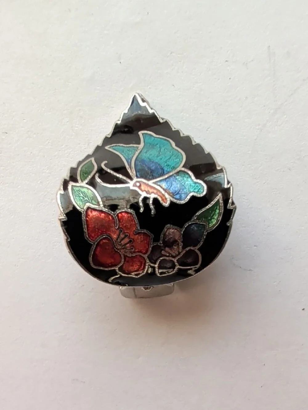 Enamel Floral Clip-On Earrings in Black with Red & Blue Accents